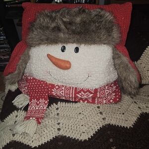 Festive Snowman Pillow with Red and Brown Accents